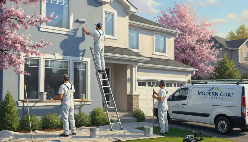 San Mateo, CA house painting crew applying exterior paint on a coastal home